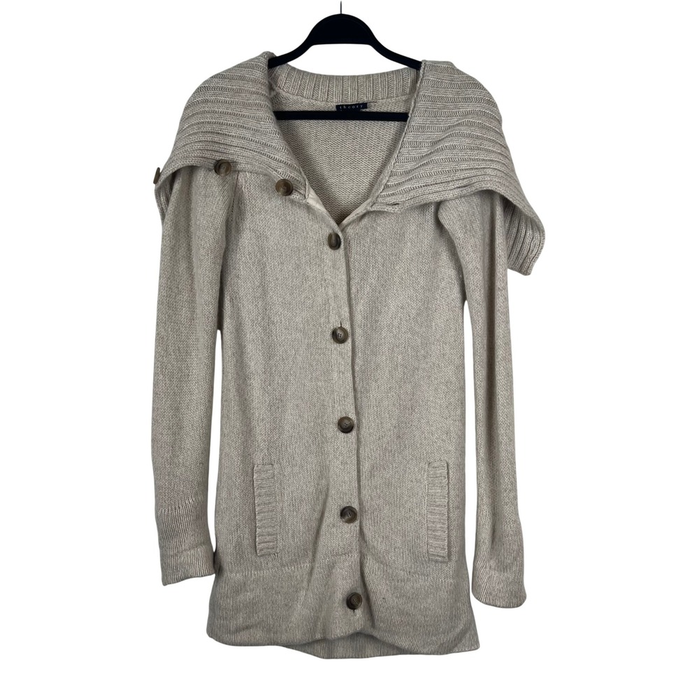 Theory Giffen 100% Cashmere Cardigan Sweater Beige Shawl Hooded Long M 70778713